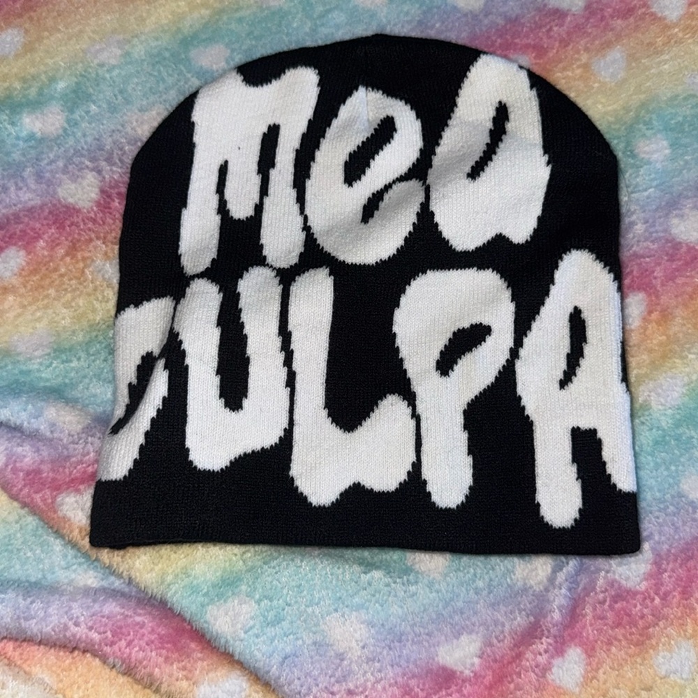 Men’s or Women’s Black and White Mea Culpa Beanie! Brand new, 1 size fits all.